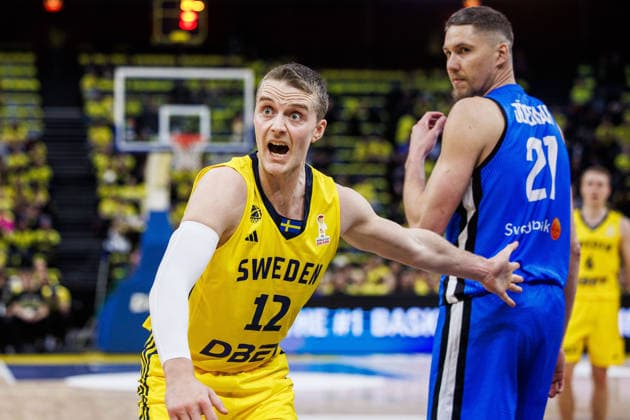 260227 Ludvig Hakanson of Sweden reacts during the FIBA World Cup Qualifier game between Sweden and Estonia on February 27, 2026 in Stockholm. Photo: Kenta Jönsson BILDBYRAN COP 210 KJ0314 basket basketball vm-kval kval fiba world cup qualifiers sverige estland sweden estonia bbeng Copyright: KENTAxJÖNSSON BB260227KJ050