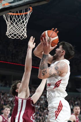 Latvia Poland Basketball, Riga, Latvia, 27.02.2026, FIBA, basketball, Latvia, Poland Dominik Olejniczak of Poland and Kristers Zoriks of Latvia in action during FIBA Basketball World Cup European qualifiers group F game between Latvia and Poland in Riga, Latvia, 27.02.2026. Photo: Roman Koksarov (RKF) Riga Latvia Copyright: xRomanxKoksarovx RKO06520.JPG