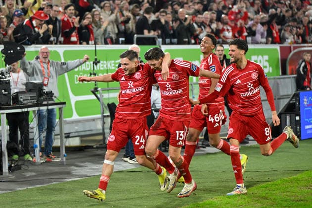 Duesseldorf, Merkur-Spielarena, 27.02.26, GER, Herren, 2.Bundesliga, Saison 2025-2026, Fortuna Duesseldorf - VfL Bochum Bild: Florent MUSLIJA (Fortuna) jubelt nach seinem Tor zum 2:0 DFL regulations prohibit any use of photographs as image sequences and or quasi-video. NRW Deutschland