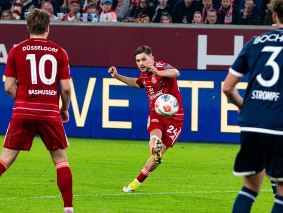 Florent Muslija (Fortuna Duesseldorf, 24) mit dem Torschuss zum 2:0 Tor Fortuna Duesseldorf vs. VfL Bochum 1848, Fussball, 2. Bundesliga, 24. Spieltag, Saison 2025 2026, 27.02.2026 DFL REGULATIONS PROHIBIT ANY USE OF PHOTOGRAPHS AS IMAGE SEQUENCES AND OR QUASI-VIDEO, Fortuna Duesseldorf vs. VfL Bochum 1848, Fussball, 2. Bundesliga, 24. Spieltag, Saison 2025 2026, 27.02.2026 Duesseldorf