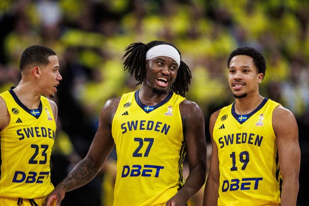 260227 Pierre Hampton, Zaba Bangala, Melwin Pantzar of Sweden during the FIBA World Cup Qualifier game between Sweden and Estonia on February 27, 2026 in Stockholm. Photo: Kenta Jönsson BILDBYRAN COP 210 KJ0314 basket basketball vm-kval kval fiba world cup qualifiers sverige estland sweden estonia bbeng Copyright: KENTAxJÖNSSON BB260227KJ062