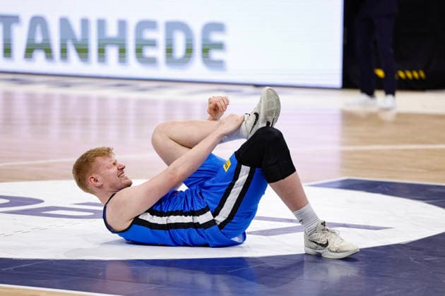STOCKHOLM, SWEDEN 20260227 Estonia s Matthias Tass on the floor during the FIBA World European Cup Qualifier game between Sweden and Estonia, first round - group H, at Avicii Arena in Stockholm, Sweden 27 February 2026. STOCKHOLM SWEDEN x1081x