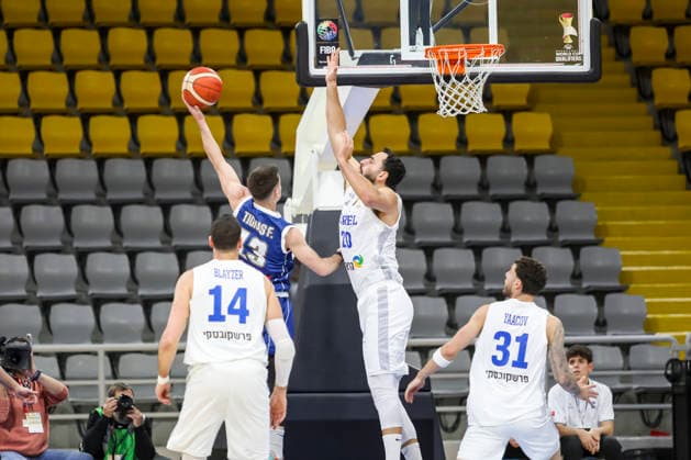 FIBA World Cup Qualifiers : Israel vs Cyprus FILIPPOS TIGKAS of Cyprus tries to score in front of IDAN ZALMANSON of Israel. Israel plays against Cyprus for the FIBA World Cup 2027 Qualifiers at Spyros Kyprianou Arena, Limassol, Cyprus, on Feb. 27, 2026. Limassol Cyprus Copyright: xKOSTASxPIKOULASx