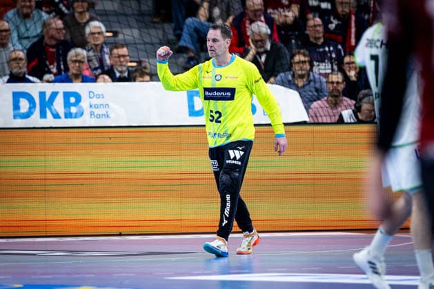 DAIKIN HBL: SG Flensburg-Handewitt vs HSG Wetzlar; 27.02.26 Jubel Freude über gehaltenen Ball bei Andreas Palicka (Nr.52, HSG Wetzlar) DAIKIN HBL: SG Flensburg-Handewitt vs HSG Wetzlar, GP JOULE Arena am 27.02.26 Copyright: xBEAUTIFULxSPORTS MarioxM.xKobergx
