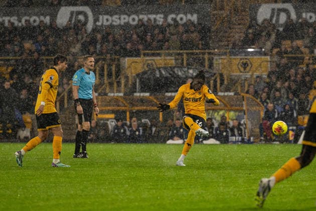 27th February 2026; Molineux Stadium, Wolverhampton, West Midlands, England; Premier League Football, Wolverhampton Wanderers versus Aston Villa; Mateus Mane of Wolverhampton Wanderers shoots at goal from a free kick  GodfreyxPitt Content restricted for UK based newspaper