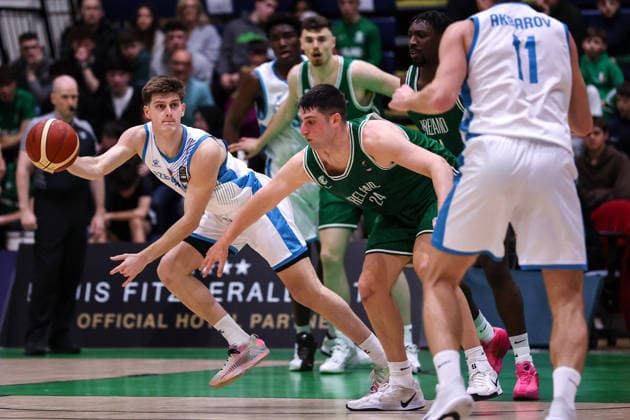 REPRO FREE *PRESS RELEASE NO REPRODUCTION FEE* EDITORIAL USE ONLY FIBA EuroBasket 2029 Pre-Qualifier, National Basketball Arena, Dublin 27 2 2026 Ireland vs Azerbaijan Azerbaijan s Ulas Turgut and Ireland s Matt Zona Ulas Turgut and Matt Zona 27 2 2026  Copyright: x INPHO BenxBradyx BB3_9307