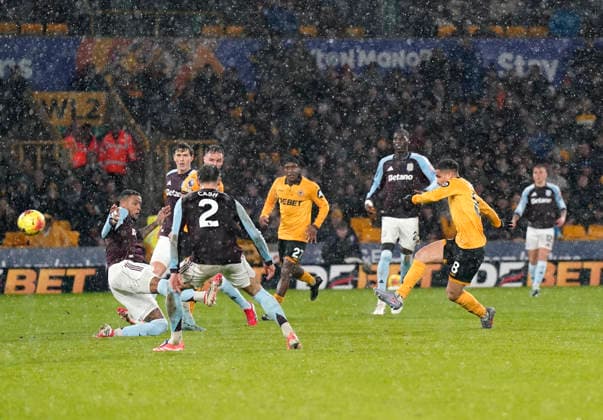 Wolverhampton, England, 27th February 2026. Joao Gomes of Wolverhampton Wanderers scores the first goal during the Wolverhampton Wanderers vs Aston Villa Premier League match at Molineux, Wolverhampton. Picture credit should read: Andrew Yates Sportimage EDITORIAL USE ONLY. No use with unauthorised audio, video, data, fixture lists, club league logos or live services. Online in-match use limited to 120 images, no video emulation. No use in betting, games or single club league player publications. SPI_033_AY_Wolves_Villa SPI-4564-0033