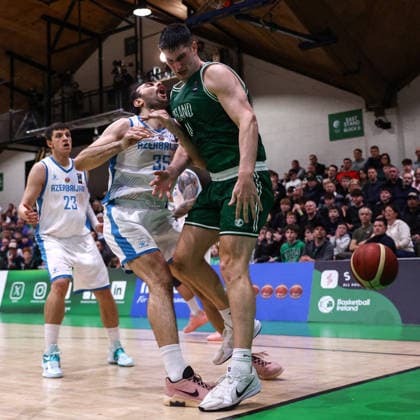 REPRO FREE *PRESS RELEASE NO REPRODUCTION FEE* EDITORIAL USE ONLY FIBA EuroBasket 2029 Pre-Qualifier, National Basketball Arena, Dublin 27 2 2026 Ireland vs Azerbaijan Azerbaijan s Saadettin Donat and Ireland s Matt Zona Saadettin Donat and Matt Zona 27 2 2026  Copyright: x INPHO BenxBradyx BB2_7939