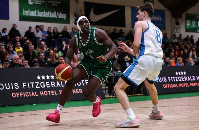 REPRO FREE *PRESS RELEASE NO REPRODUCTION FEE* EDITORIAL USE ONLY FIBA EuroBasket 2029 Pre-Qualifier, National Basketball Arena, Dublin 27 2 2026 Ireland vs Azerbaijan Ireland™s Sam Alajiki with Ulash Can Turgut of Azerbaijan Sam Alajiki with Ulash Can Turgut 27 2 2026  Copyright: x INPHO BenxBradyx BB3_1473