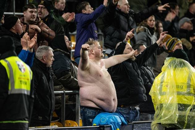 27th February 2026; Molineux Stadium, Wolverhampton, West Midlands, England; Premier League Football, Wolverhampton Wanderers versus Aston Villa; Wolverhampton Wanderers fans celebrate the win  GodfreyxPitt Content restricted for UK based newspaper