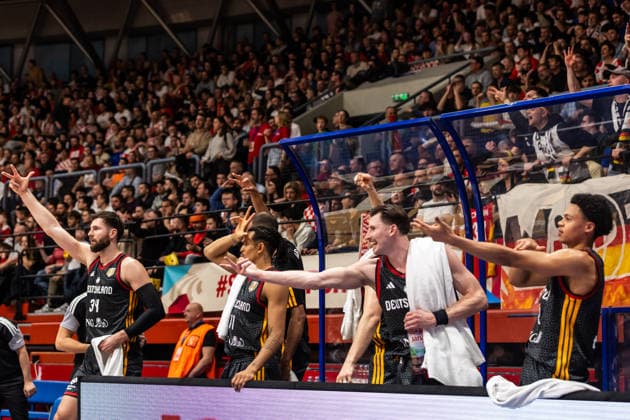 GER, FIBA Basketball World Cup 2027, European Qualifiers, Kroatien-Deutschland. 27.02.2026, Drazen Petrovic Basketball Center, Zagreb, GER, FIBA Basketball World Cup 2027, European Qualifiers, Kroatien-Deutschland. Team Deutschland jubelt Â Foto: Alexander Trienitz Zagreb Drazen Petrovic Basketball Center Zagreb Kroatien