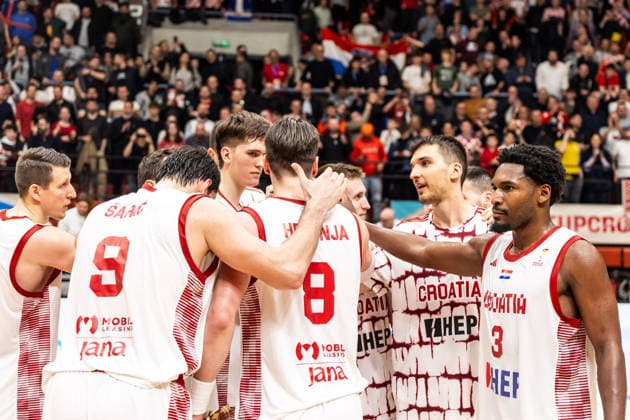 GER, FIBA Basketball World Cup 2027, European Qualifiers, Kroatien-Deutschland. 27.02.2026, Drazen Petrovic Basketball Center, Zagreb, GER, FIBA Basketball World Cup 2027, European Qualifiers, Kroatien-Deutschland. Team Kroatien freut sich über den Sieg Â Foto: Alexander Trienitz Zagreb Drazen Petrovic Basketball Center Zagreb Kroatien