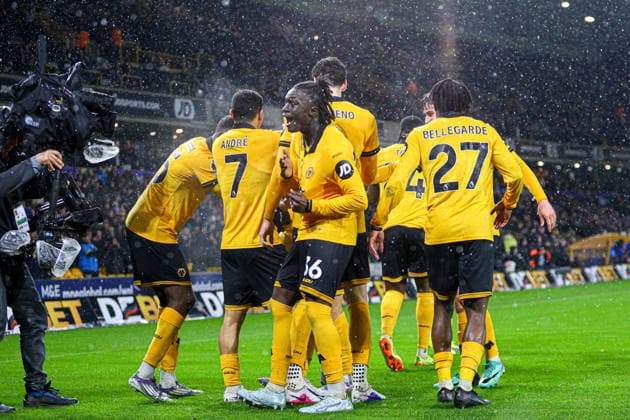 Joao Gomes (8 Wolves) celebrates scoring the first goal for Wolves during the Premier League football match between Wolverhampton Wanderers and Aston Villa at Molineux stadium in Wolverhampton, England Copyright: xNataliexMincher SPPx Sportspressphoto_SPR98361