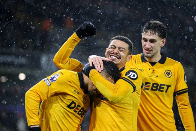 Joao Gomes (8 Wolves) celebrates scoring the first goal for Wolves during the Premier League football match between Wolverhampton Wanderers and Aston Villa at Molineux stadium in Wolverhampton, England Copyright: xNataliexMincher SPPx Sportspressphoto_SPR98365