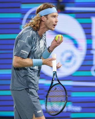Andrey Rublev reagiert veraergert,Aerger,enttaeuscht, Enttaeuschung,Emotion, Dubai Duty Free Tennis Championships, Dubai, U.A.E. Tennis - Dubai Tennis Championships 2026 - ATP, Tennis Herren - Dubai Duty Free Tennis Stadium - Dubai - - United Arab Emirates - 28 February 2026. Copyright: xJuergenxHasenkopfx