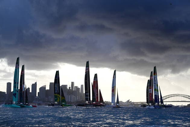 Sport Bilder des Tages SAILGP SYDNEY, The field at the start of race 4 on Race Day 1 of the SailGP on Sydney Harbour in Sydney, Saturday, February 28, 2026. ( NO ARCHIVING, EDITORIAL USE ONLY SYDNEY NEW SOUTH WALES AUSTRALIA  Copyright: xDEANxLEWINSx 20260228115857088696