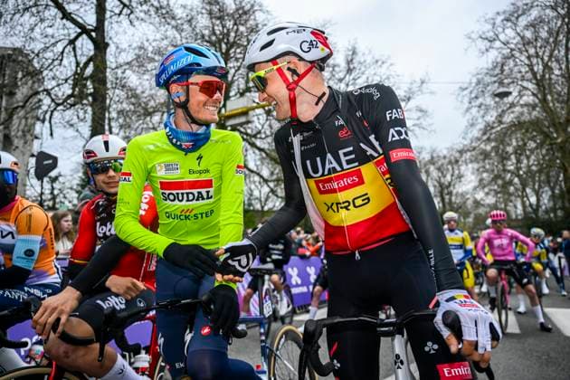 Omloop Het Nieuwsblad 2026 Cycling Race NINOVE, BELGIUM - FEBRUARY 28 : Wellens Tim (BEL) of UAE Team Emirates XRG and Van Baarle Dylan (NED) of Soudal Quick Step at the start line during the 81th edition of Omloop Het Nieuwsblad an UCI World Tour 1.UWT one day cycling road race for Men Elite of km with start in Ghent and finish in Ninove on February 28, 2026 in Ninove, Belgium, 28 02 2026 ( Motordriver Kenny Verfaillie - Ninove Belgium  Copyright: xNicoxVereeckenx