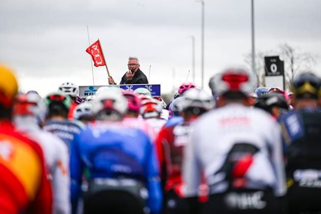 Omloop Het Nieuwsblad 2026 Cycling Race NINOVE, BELGIUM - FEBRUARY 28 : Sunderland Scott (AUS) general race director of Flanders Classics during the 81th edition of Omloop Het Nieuwsblad an UCI World Tour 1.UWT one day cycling road race for Men Elite of km with start in Ghent and finish in Ninove on February 28, 2026 in Ninove, Belgium, 28 02 2026 ( Motordriver Kenny Verfaillie - Ninove Belgium  Copyright: xNicoxVereeckenx