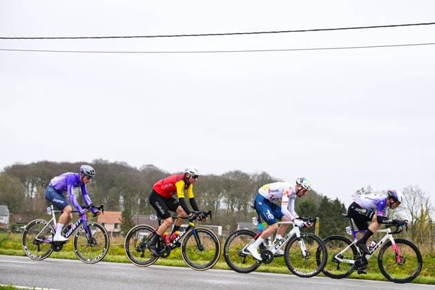 Dutch Jelte Krijnsen of Team Jayco AlUla, French Alexis Renard of Cofidis, French Alexys Brunel of TotalEnergies and French Clement Alleno of Burgos Burpellet BH pictured in action during the 81st edition of the men s one-day cycling race Omloop Het Nieuwsblad (UCI World Tour), the opening race of the Flemish one-day classics season, 207,6 km from Gent to Ninove, Saturday 28 February 2026. DAVIDxPINTENS  x165904537x