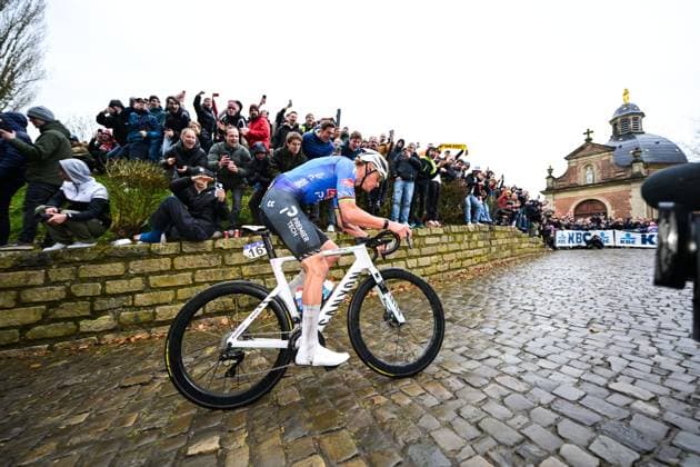 Netherlands Mathieu van der Poel of Alpecin-Premier Tech pictured on the Kapelmuur in Geraardsbergen, during the 81st edition of the men s one-day cycling race Omloop Het Nieuwsblad (UCI World Tour), the opening race of the Flemish one-day classics season, 207,6 km from Gent to Ninove, Saturday 28 February 2026. DAVIDxPINTENS  x165946508x
