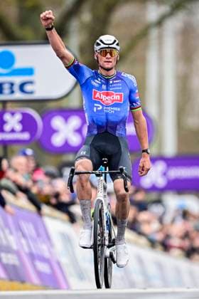 Omloop Het Nieuwsblad 2026 Cycling Race NINOVE, BELGIUM - FEBRUARY 28 : Van Der Poel Mathieu (NED) of Alpecin-Premier Tech celebrating his victory during the 81st edition of Omloop Het Nieuwsblad an UCI World Tour 1.UWT one day cycling road race for Men Elite of 207 km with start in Ghent and finish in Ninove on February 28, 2026 in Ninove, Belgium, 28 02 2026 ( Motordriver Kenny Verfaillie - Ninove Belgium  Copyright: xPeterxDexVoechtx