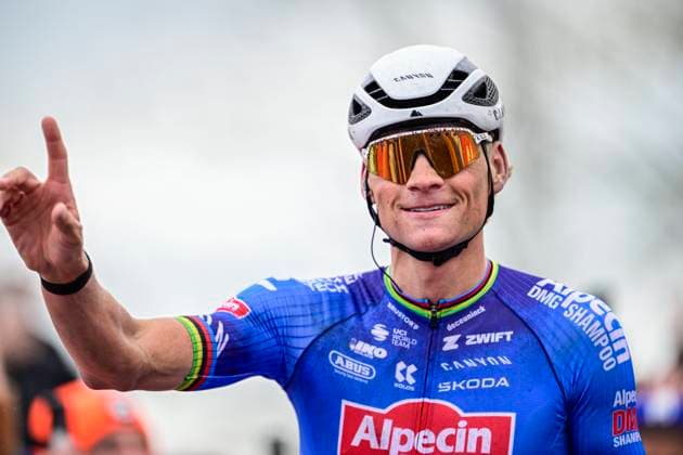 Omloop Het Nieuwsblad 2026 Cycling Race NINOVE, BELGIUM - FEBRUARY 28 : Van Der Poel Mathieu (NED) of Alpecin-Premier Tech celebrating his victory during the 81st edition of Omloop Het Nieuwsblad an UCI World Tour 1.UWT one day cycling road race for Men Elite of 207 km with start in Ghent and finish in Ninove on February 28, 2026 in Ninove, Belgium, 28 02 2026 ( Motordriver Kenny Verfaillie - Ninove Belgium  Copyright: xPeterxDexVoechtx