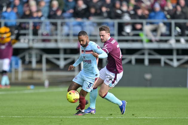 28th February 2026; Turf Moor, Burnley, Lancashire, England; Premier League Football, Burnley versus Brentford; Jacob Bruun Larsen of Burnley pressure Rico Henry of Brentford for the ball  LeexDurkin Content restricted for UK based newspaper