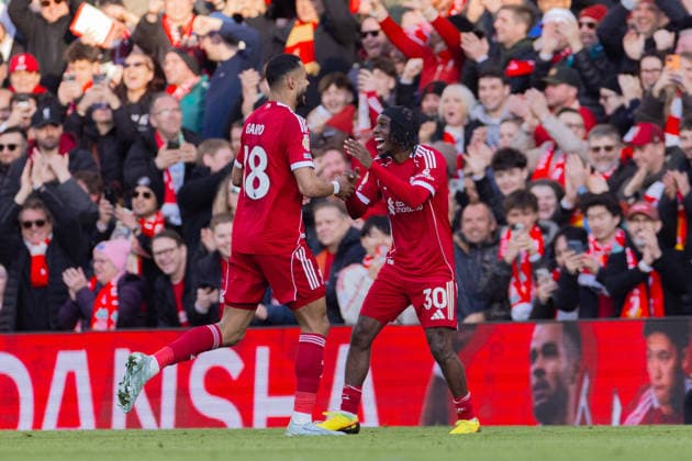 Football - FA Premier League - Liverpool FC v West Ham United FC LIVERPOOL, ENGLAND - Saturday, February 28, 2026: Liverpool s Jeremie Frimpong celebrates with team-mate Cody Gakpo (L) after scoring his side s fifth goal during the FA Premier League match between Liverpool FC and West Ham United FC at Anfield. (Photo by David Rawcliffe Propaganda) LIVERPOOL Anfield MERSEYSIDE ENGLAND  Copyright: xDavidxRawcliffex P2026-02-28-Liverpool_West_Ham-111