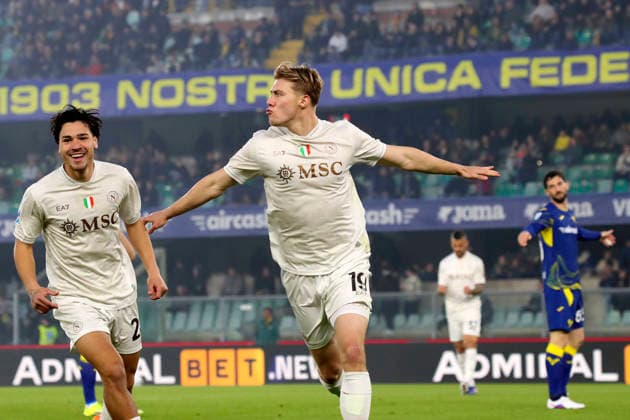 Napoli™s Rasmus Hojlund celebration goal 0-1 during the Serie A soccer match between Hellas Verona and Napoli at the Bentegodi Stadium in Verona, north west Italy - Saturday , February 28 , 2026. - Soccer .  Copyright: xPaolaxGarbuio Lapressex
