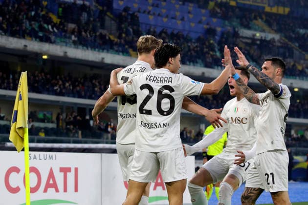 Napoli™s Rasmus Hojlund celebration goal 0-1 during the Serie A soccer match between Hellas Verona and Napoli at the Bentegodi Stadium in Verona, north west Italy - Saturday , February 28 , 2026. - Soccer .  Copyright: xPaolaxGarbuio Lapressex