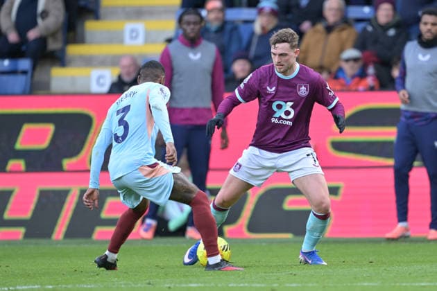 28th February 2026; Turf Moor, Burnley, Lancashire, England; Premier League Football, Burnley versus Brentford; Jacob Bruun Larsen of Burnley prepares to take on Rico Henry of Brentford  LeexDurkin