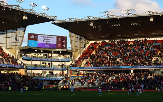 The no goal VAR decision on the big screen near the end of the match Burnley v Brentford, Premier League, Football, Turf Moor, Burnley, UK - 28 Feb 2026Burnley Turf Moor United Kingdom EDITORIAL USE ONLY No use with unauthorised audio, video, data, fixture lists, club league logos or live services. Online in-match use limited to 120 images, no video emulation. No use in betting, games or single club league player publications. Copyright: xMattxWest Shutterstockx 16708420bp