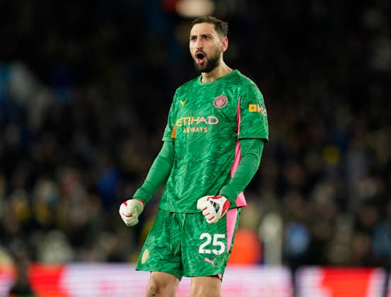 Leeds, England, 28th February 2026. Gianluigi Donnarumma of Manchester City celebrates the first goal during the Leeds United vs Manchester City Premier League match at Elland Road, Leeds. Picture credit should read: Andrew Yates Sportimage EDITORIAL USE ONLY. No use with unauthorised audio, video, data, fixture lists, club league logos or live services. Online in-match use limited to 120 images, no video emulation. No use in betting, games or single club league player publications. SPI_061_AY_Leeds_Man_City SPI-4565-0061
