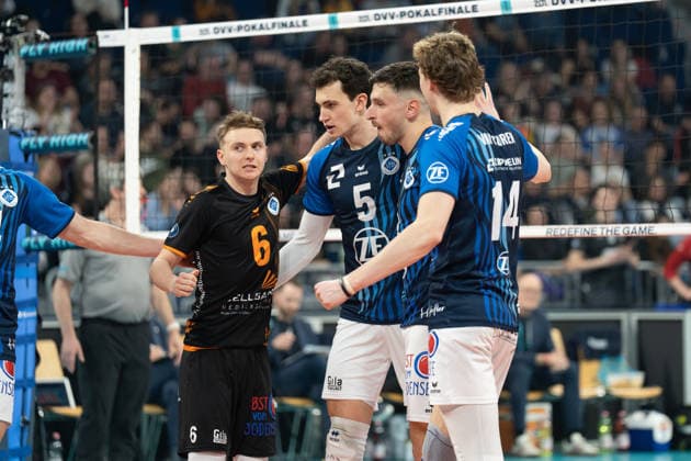28.02.2026, xhfmx, Volleyball DVV Pokalfinale 2026 Herren, VfB Friedrichshafen - SVG Lüneburg Ludwigshafen bejubelt Punkte gegen Lüneburg. (DFL DFB REGULATIONS PROHIBIT ANY USE OF PHOTOGRAPHS as IMAGE SEQUENCES and or QUASI-VIDEO) Mannheim