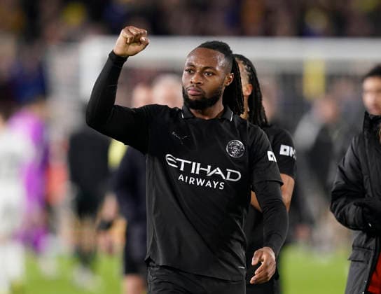 Leeds, England, 28th February 2026. Winning goal scorer Antoine Semenyo of Manchester City celebrates the win during the Leeds United vs Manchester City Premier League match at Elland Road, Leeds. Picture credit should read: Andrew Yates Sportimage EDITORIAL USE ONLY. No use with unauthorised audio, video, data, fixture lists, club league logos or live services. Online in-match use limited to 120 images, no video emulation. No use in betting, games or single club league player publications. SPI_095_AY_Leeds_Man_City SPI-4565-0096