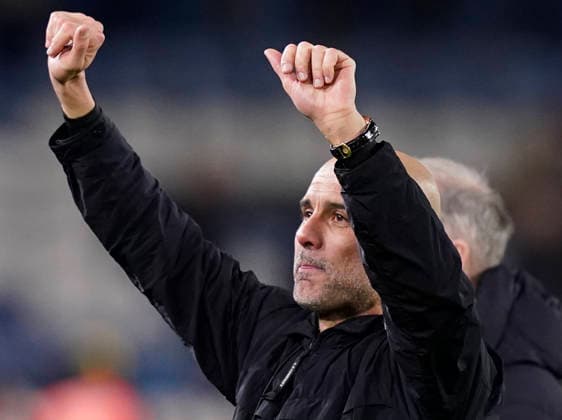 Leeds, England, 28th February 2026. Pep Guardiola coach of Manchester City waves to the fans during the Leeds United vs Manchester City Premier League match at Elland Road, Leeds. Picture credit should read: Andrew Yates Sportimage EDITORIAL USE ONLY. No use with unauthorised audio, video, data, fixture lists, club league logos or live services. Online in-match use limited to 120 images, no video emulation. No use in betting, games or single club league player publications. SPI_106_AY_Leeds_Man_City SPI-4565-0107