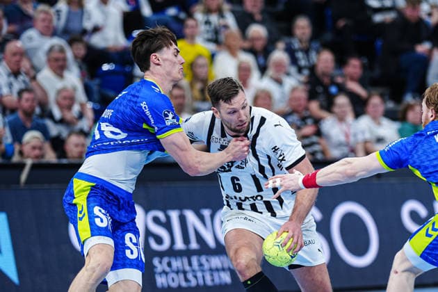 Miro Schluroff (VfL Gummersbach, 15), Harald Reinkind (THW Kiel, 06) GER, THW Kiel vs. VfL Gummersbach, Handball, 1. Bundesliga, Spieltag 23, Saison 2025 2026, 28.02.2026 GER, THW Kiel vs. VfL Gummersbach, Handball, 1. Bundesliga, Spieltag 23, Saison 2025 2026, 28.02.2026 Kiel Copyright: xEibner-Pressefoto MarcelxvonxFehrnx EP_MFN