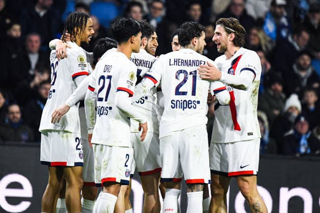 FOOTBALL : AC Le Havre vs Paris SG - Ligue 1 McDonald s - JournÃ e 24 - 28 02 2026 Joie des joueurs du Paris SG aprÃ s le but de Bradley Barcola (Paris SG) Le HavreFrance  Copyright: xBaptistexAutissierx