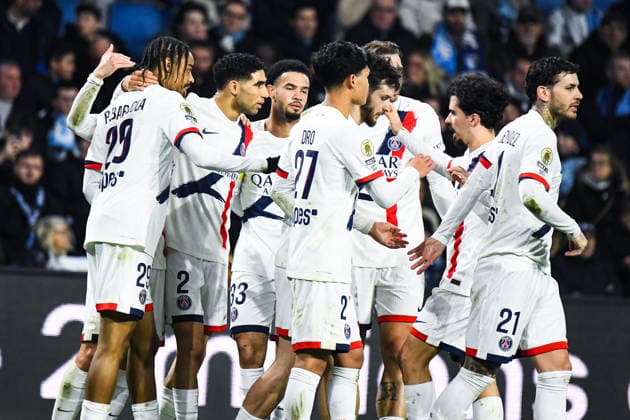 FOOTBALL : AC Le Havre vs Paris SG - Ligue 1 McDonald s - JournÃ e 24 - 28 02 2026 Joie des joueurs du Paris SG aprÃ s le but de Bradley Barcola (Paris SG) Le HavreFrance  Copyright: xBaptistexAutissierx