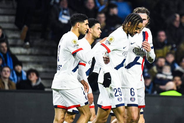 FOOTBALL : AC Le Havre vs Paris SG - Ligue 1 McDonald s - JournÃ e 24 - 28 02 2026 Joie des joueurs du Paris SG aprÃ s le but de Bradley Barcola (Paris SG) Le HavreFrance  Copyright: xBaptistexAutissierx