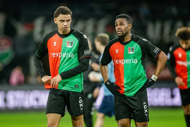 2026-02-28 N.E.C Nijmegen v Fortuna Sittard - Dutch Eredivisie NIJMEGEN, NETHERLANDS - FEBRUARY 28: Deveron Fonville of NEC Nijmegen, Virgil Misidjan of NEC Nijmegen looks dejected during a Dutch Eredivisie at Goffertstadion on February 28, 2026 in Nijmegen, Netherlands. Nijmegen Goffertstadion Netherlands Content not available for redistribution in The Netherlands directly or indirectly through any third parties. Copyright: xBroerxvanxdenxBoomx