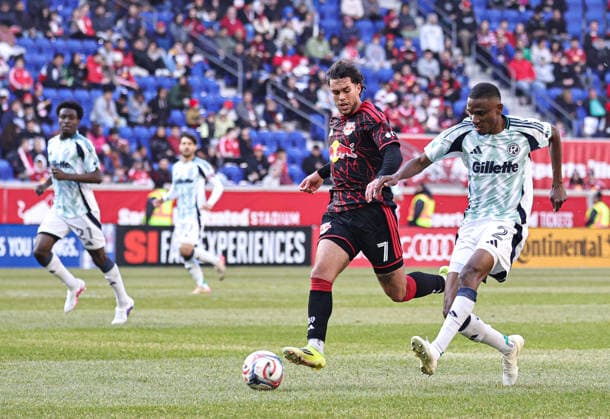 February 28, 2026, Harrison, New Jersey, USA: New England Revolution midfielder Mamadou Fofana (2) and New York Red Bulls forward Cade Cowell (7) battle for the ball at Sports Illustrated Stadium. Harrison USA - ZUMAs325 20260228_zsp_s325_063 Copyright: xJessxStilesx