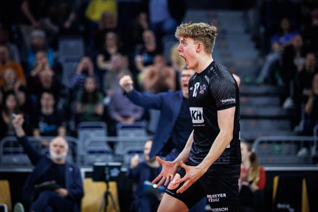 28.02.2026, SAP Arena, Mannheim Volleyball, DVV-Pokal Finale, VfB Friedrichshafen vs. SVG Lüneburg Lueneburg Jubel Axel Valentin Enlund ( 17 Lueneburg)