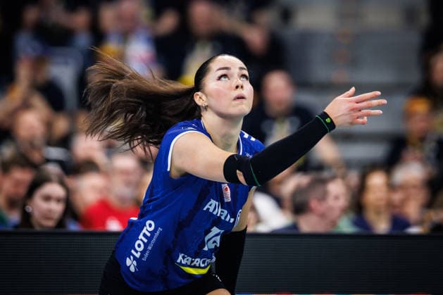 28.02.2026, SAP Arena, Mannheim Volleyball, DVV-Pokal Finale, VfB Suhl LOTTO Thüringen Thueringen vs. Allianz MTV Stuttgart Mikala Mogensen ( 16 Stuttgart)