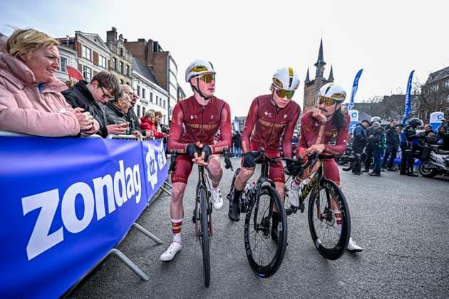 Kuurne Brussel Kuurne 2026 Cycling Race KUURNE, BELGIUM - MARCH 01 : Riders of Modern Adventure before the start of the race during the 78th edition of Kuurne Brussel Kuurne an UCI ProSeries 1.Pro one day cycling road race for Men Elite of 194km with start in Kortrijk and finish in Kuurne on March 1, 2026 in Kuurne, Belgium, 01 03 2026 ( Motordriver Kenny Verfaillie - Kuurne Belgium  Copyright: xTomasxSiskx
