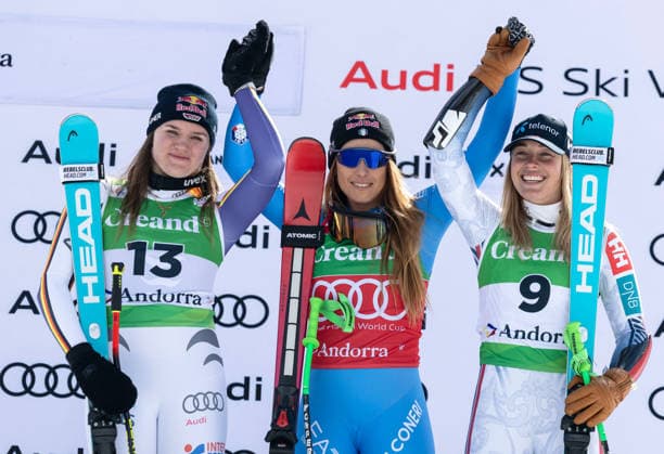 ALPINE SKIING - FIS WC Soldeu SOLDEU,ANDORRA,01.MAR.26 - ALPINE SKIING - FIS World Cup, Super G, ladies. Image shows Emma Aicher (GER), Sofia Goggia (ITA) and Kajsa Vickhoff Lie (NOR).  GEPAxpictures xWolfgangxGrebien