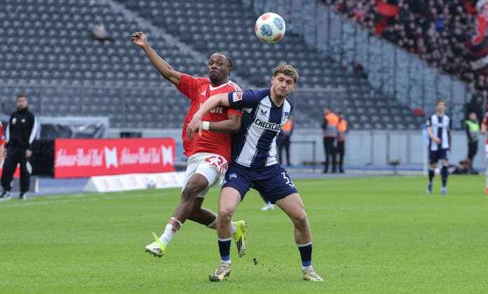 Mohamed Ali Zoma, Marton Dardai Zweikampf Spielszene Aktion Fußball Fussball DFL 2. Bundesliga Herren 24. Spieltag Saison 2025 2026 01.03.2026 Hertha BSC Berlin vs. 1.FC Nürnberg FCN DFL regulations prohibit any use of photographs as image sequences and or quasi-video