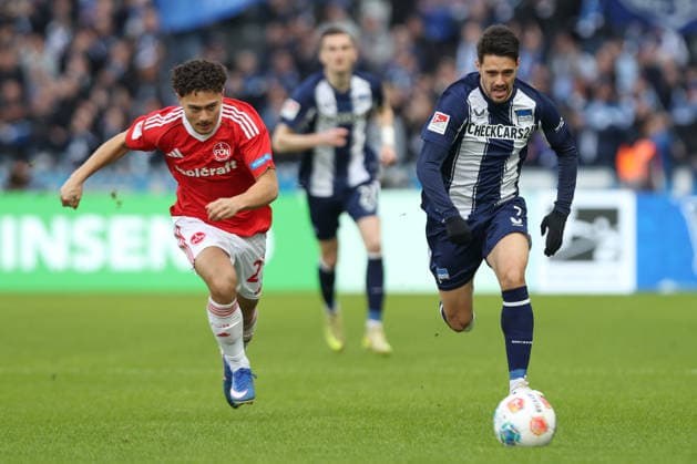 01.03.2026, xtgx, Fussball - 2.Bundesliga Hertha BSC Berlin - 1.FC Nuernberg emspor, v.l. Rabby Nzingoula (Nuernberg, 22), Josip Brekalo (Hertha, 7) Zweikampf, Duell, Kampf, tackle (DFL DFB REGULATIONS PROHIBIT ANY USE OF PHOTOGRAPHS as IMAGE SEQUENCES and or QUASI-VIDEO) Berlin