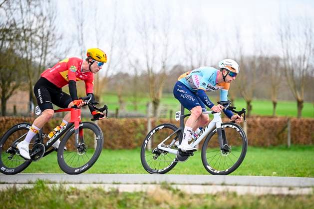 Kuurne Brussel Kuurne 2026 Cycling Race KUURNE, BELGIUM - MARCH 01 : Ingebrigtsen Storm (NOR) of Uno-X Mobility, Louvel Matis (FRA) of NSN Cycling Team in action during the 78th edition of Kuurne Brussel Kuurne an UCI ProSeries 1.Pro one day cycling road race for Men Elite of 194km with start in Kortrijk and finish in Kuurne on March 1, 2026 in Kuurne, Belgium, 01 03 2026 ( Motordriver Kenny Verfaillie - Kuurne Belgium  Copyright: xTomasxSiskx