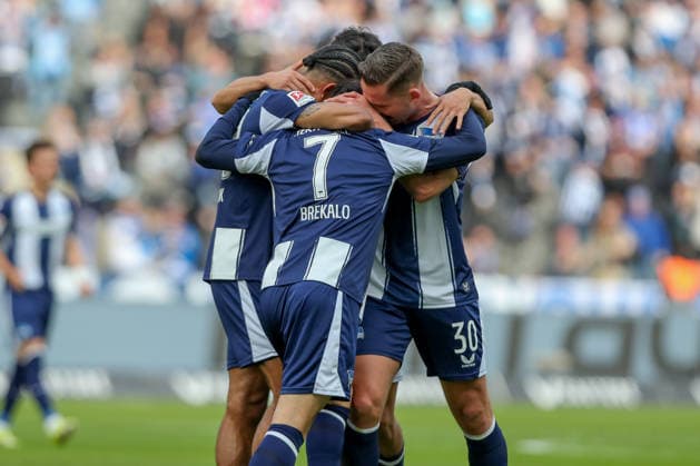 01.03.2026, xtgx, Fussball - 2.Bundesliga Hertha BSC Berlin - 1.FC Nuernberg emspor, v.l. Jubel nach dem 1:0 durch Josip Brekalo (Hertha, 7) (DFL DFB REGULATIONS PROHIBIT ANY USE OF PHOTOGRAPHS as IMAGE SEQUENCES and or QUASI-VIDEO) Berlin